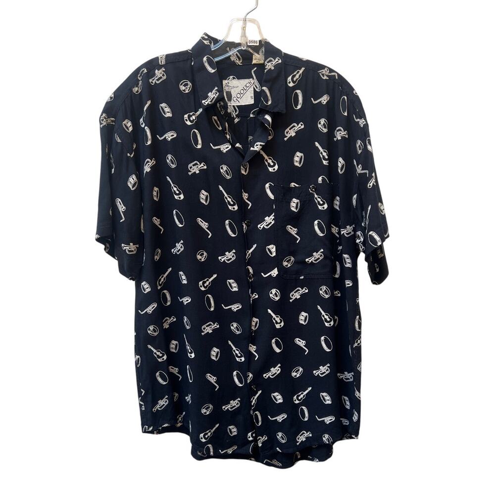 Goouch Men's Jazz Instrument Print Button Up Short Sleeve Shirt Size Small Black